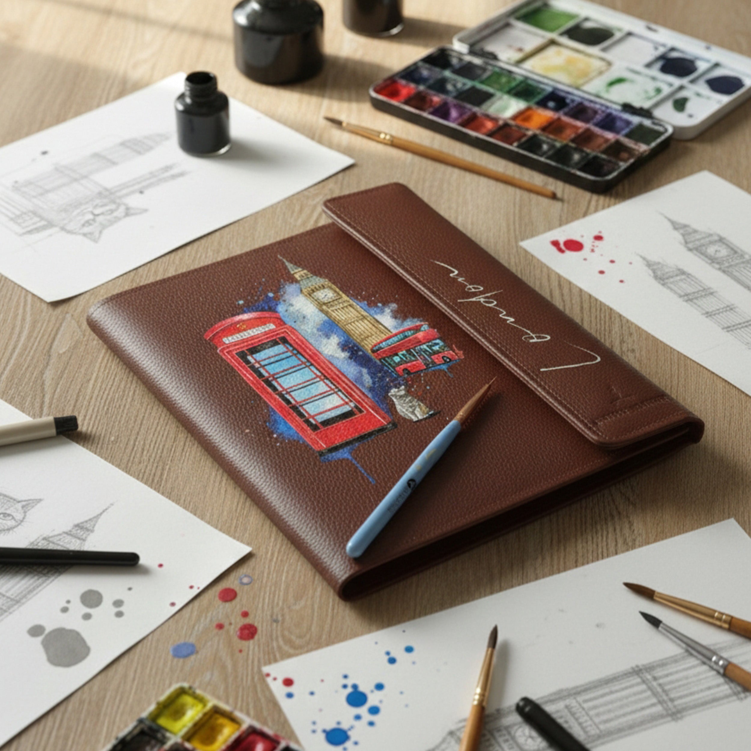 Hand-Painted Leather Folder – London