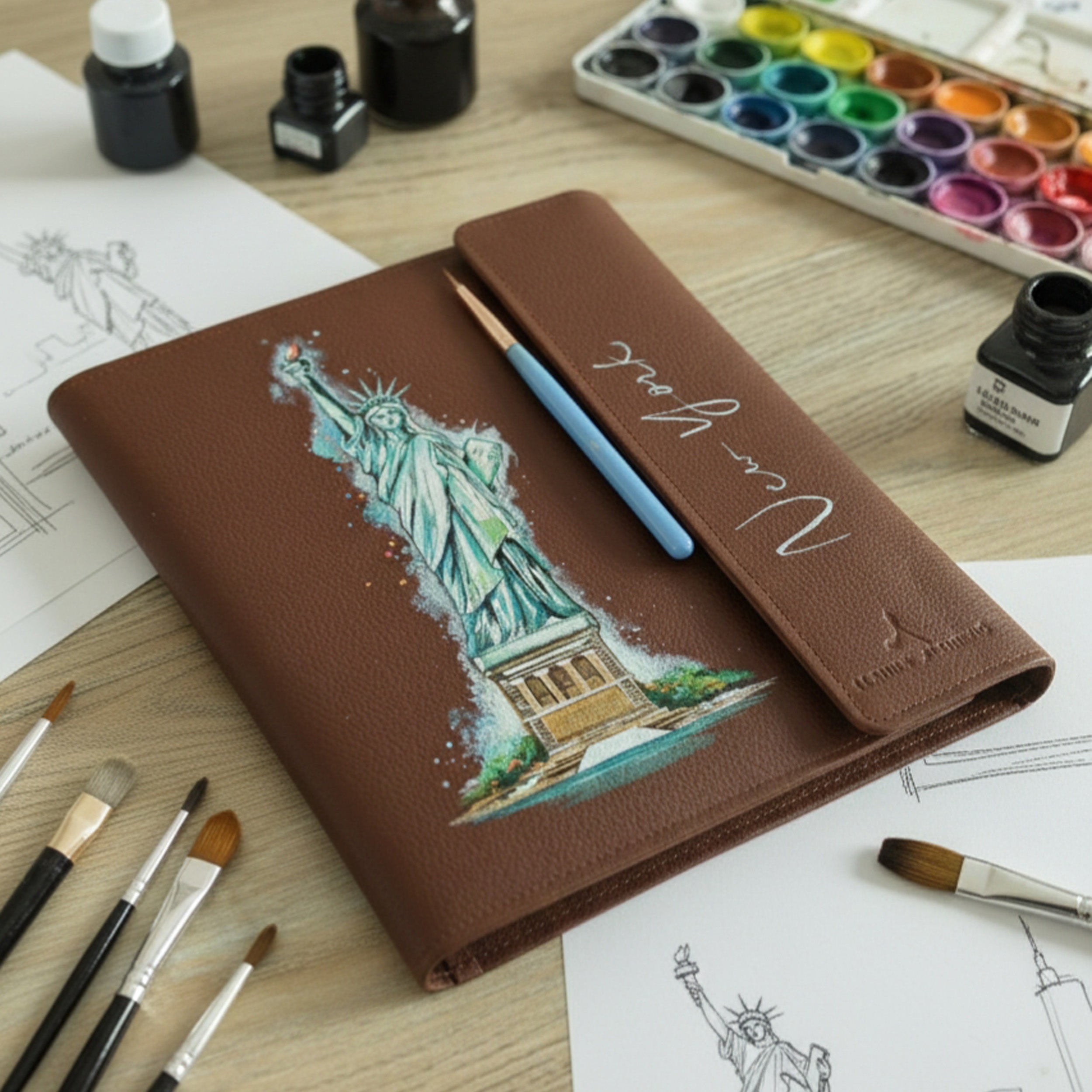 Hand-Painted Leather Folder – Newyork