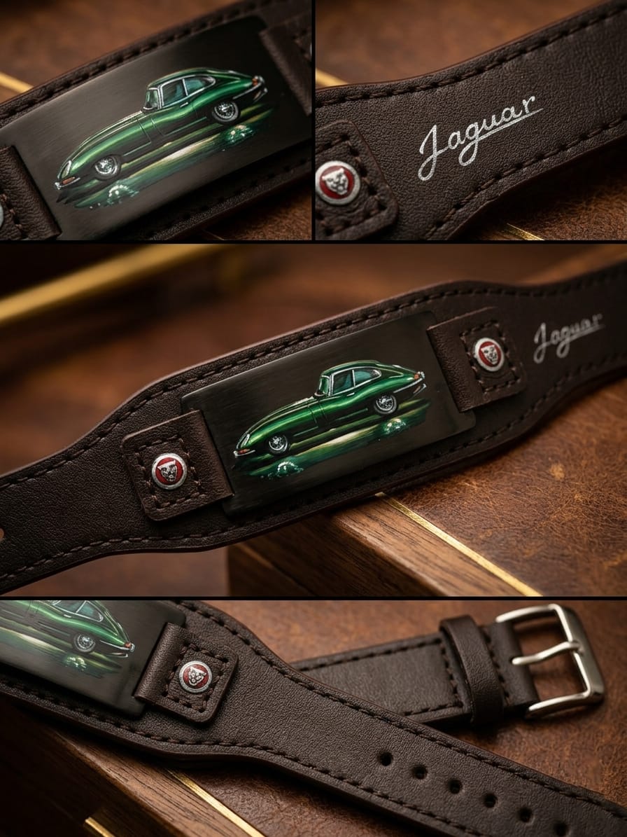 Jaguar Heritage Leather Watch Strap – Handcrafted Genuine Leather with Classic Car Art