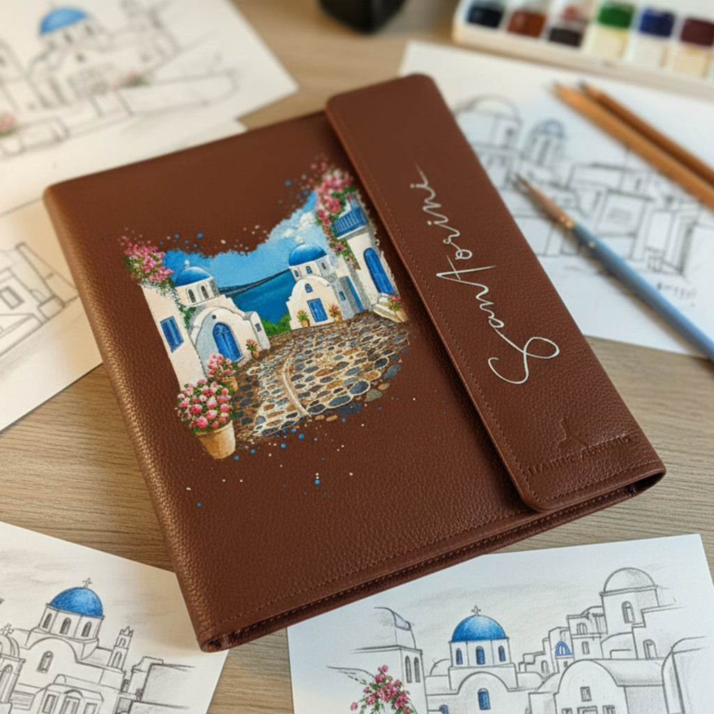 Hand-Painted Leather Folder – Greece