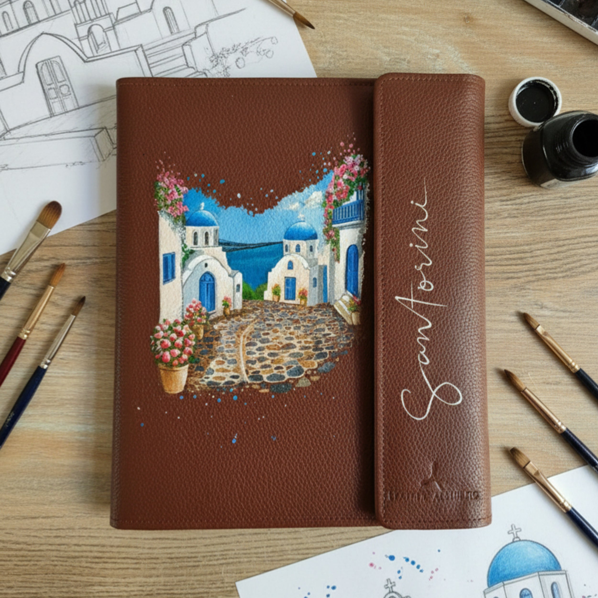Hand-Painted Leather Folder – Greece