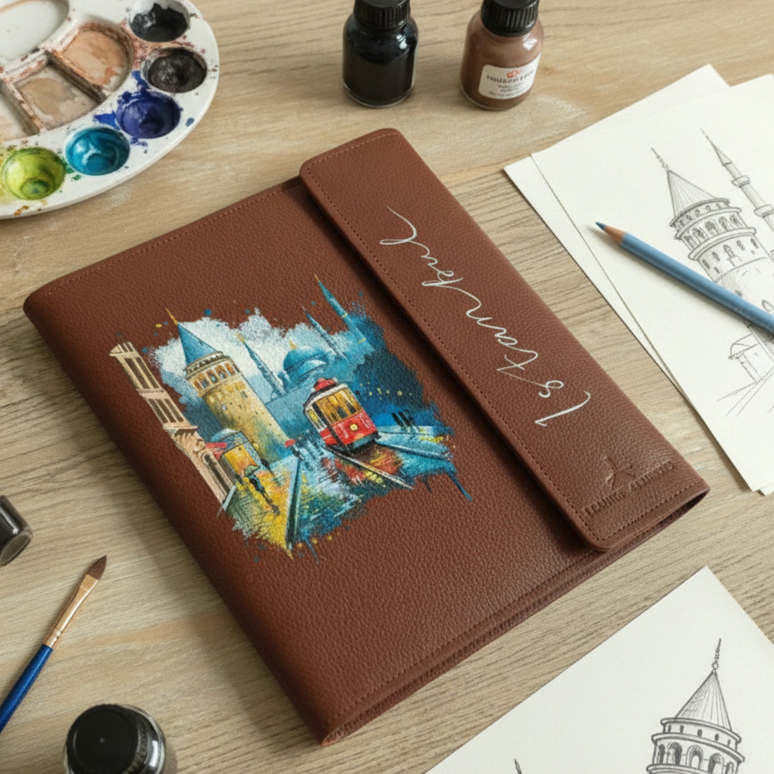 Hand-Painted Leather Folder – Istanbul