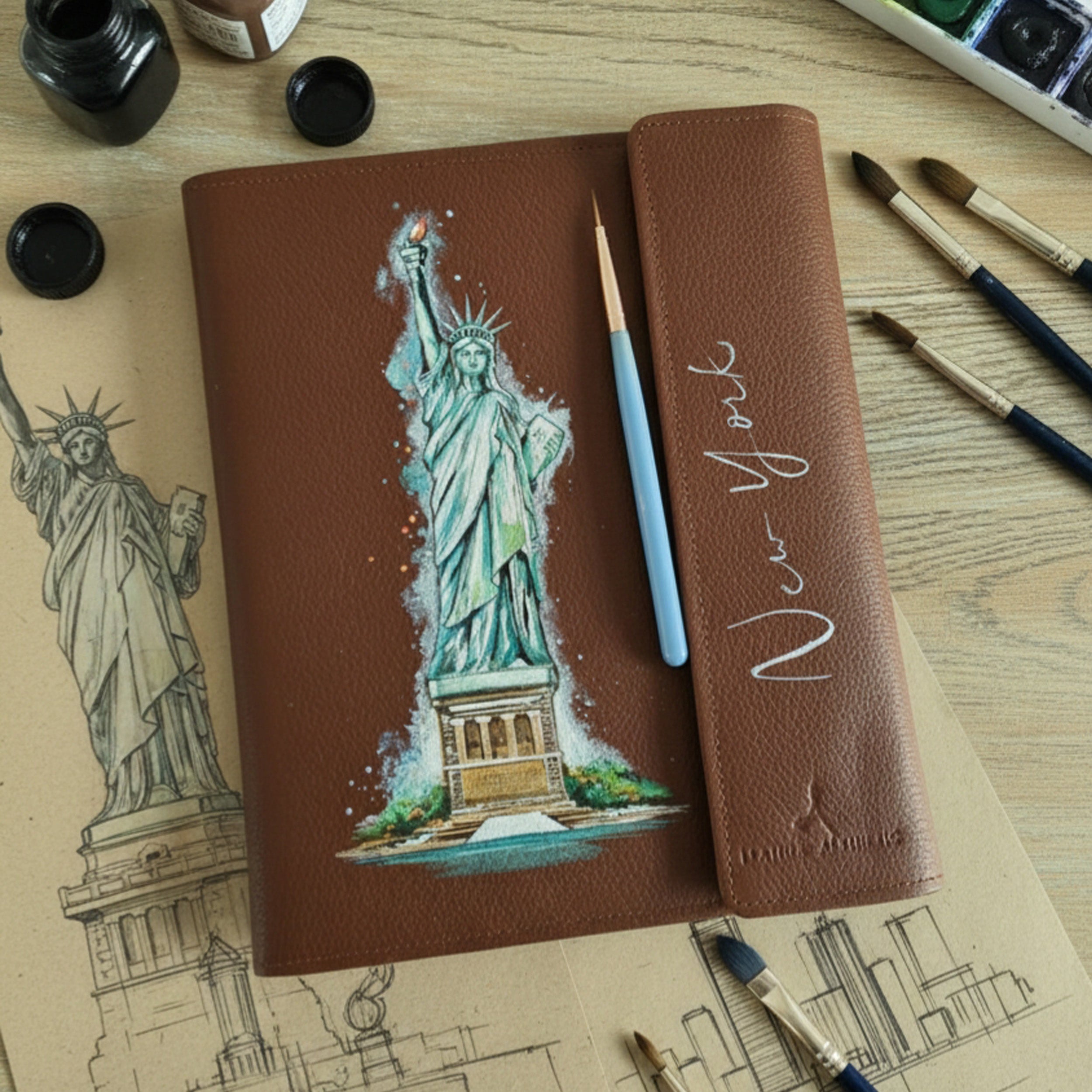 Hand-Painted Leather Folder – Newyork